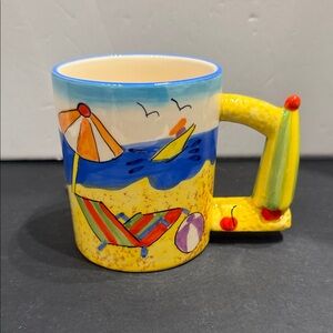 Coffee Mug Colorful Beach Scene Ceramic with umbrella handle